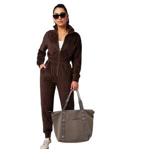 Fabletics Jumpsuit Womens Size Small Brown Velour Cozy Cord One Piece Lounger